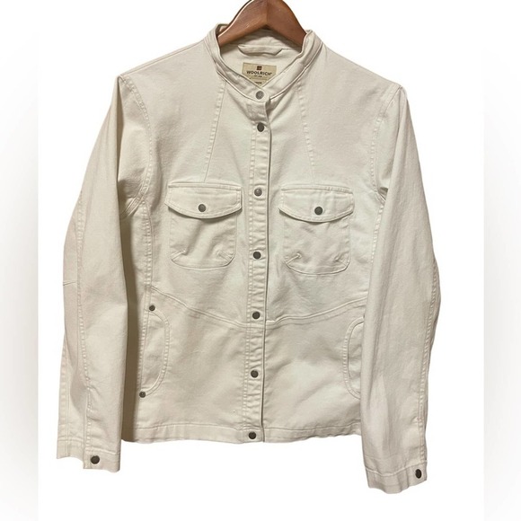 WOOLRICH Vintage Stone Canvas Denim Snap Button Pockets Women’s Jacket Size M - Picture 1 of 6